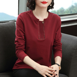 新款 减龄秋衣中老年妈妈打底衫 纯棉长袖 上衣大码 t恤女 2025年春装