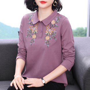 翻领上衣打底衫 纯棉长袖 减龄秋衣外穿中老年妈妈装 2026新款 t恤女