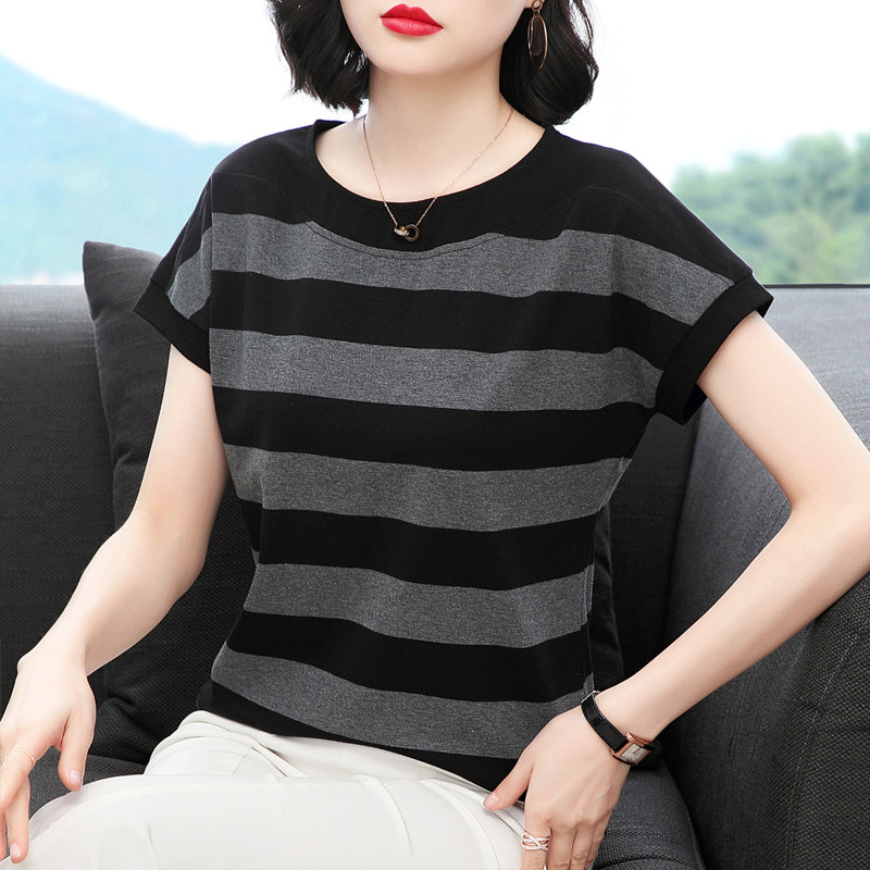纯棉短袖t恤女 宽松夏装新款中老年妈妈大码休闲半袖衫条纹上衣服