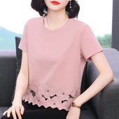 小衫 妈妈短袖 中老年纯色上衣 2026夏装 减龄纯棉镂空半袖 t恤女 新款