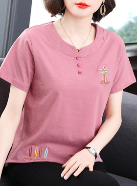 妈妈短袖t恤女 新款2025夏装减龄纯棉衣服半袖小衫中老年宽松上衣