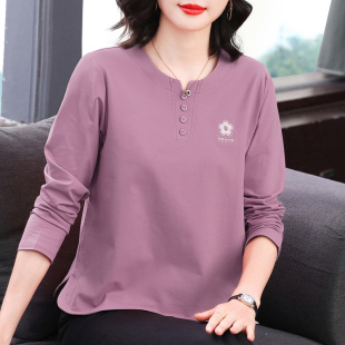新款 宽松2026秋季 洋气小衫 中老年妈妈装 纯棉长袖 上衣打底衫 t恤女