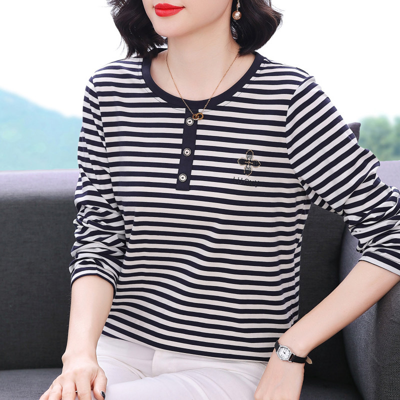 纯棉长袖t恤女 2026新款外穿条纹体恤中老年妈妈春秋装上衣打底衫,女装/女士精品,T恤,淘宝优惠券,粉丝福利购,淘宝优惠卷
