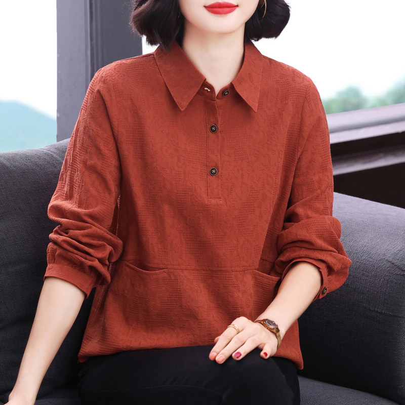 纯棉长袖t恤女 2026新款翻领秋衣外穿中老年妈妈装百搭上衣打底衫