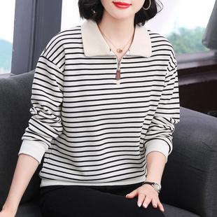 翻领秋衣中老年妈妈洋气上衣 新款 条纹卫衣女宽松打底衫 2025春秋装