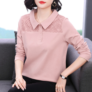 秋衣外穿体恤中老年妈妈装 纯棉长袖 t恤女 2026新款 翻领上衣打底衫