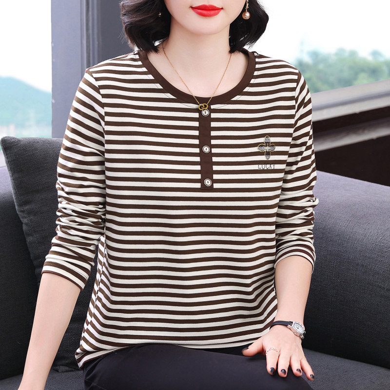 条纹长袖t恤女 2026新款秋衣外穿纯棉上衣中老年妈妈装洋气打底衫