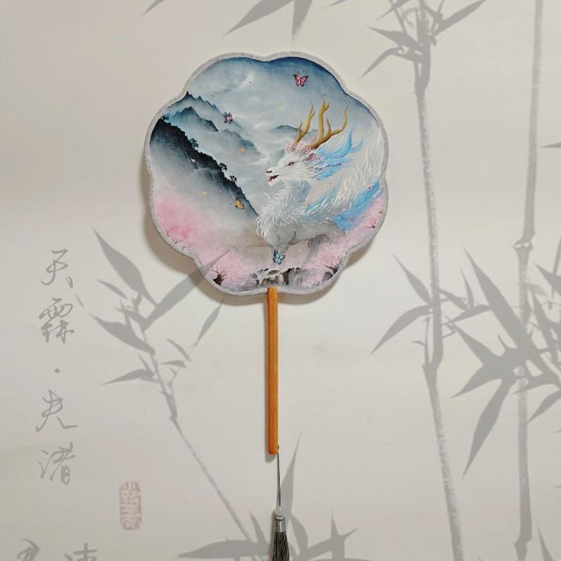 原创中国风山海经夫诸手绘团扇仙气汉服舞蹈拍照道具装饰八瓣扇