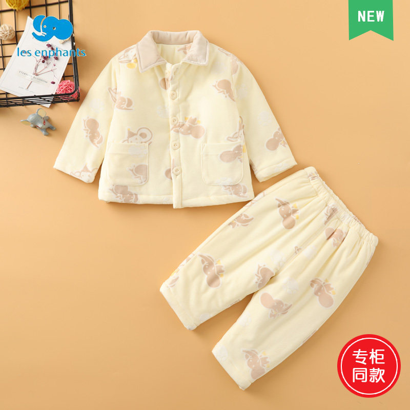 丽婴房秋冬男女宝宝牛奶绒双层针织儿童夹棉家居服套装睡衣套