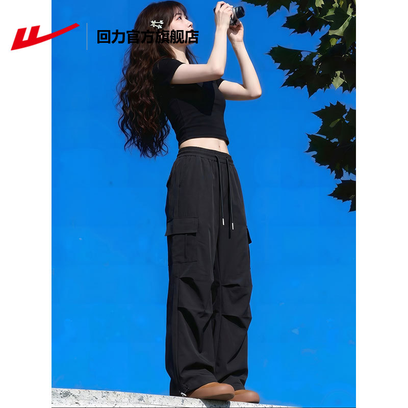 回力黑色工装裤女夏薄款图片