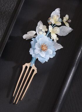 霜芜非遗热缩古风汉服蓝花头饰