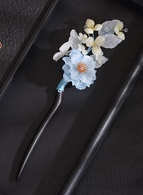 霜芜国风非遗热缩檀木花朵发簪