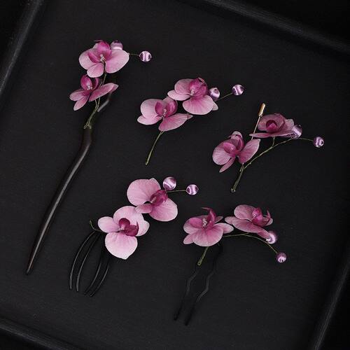 【紫色蝴蝶兰】手工非遗蚕丝绒花发簪古风汉服檀木懒人盘发簪子