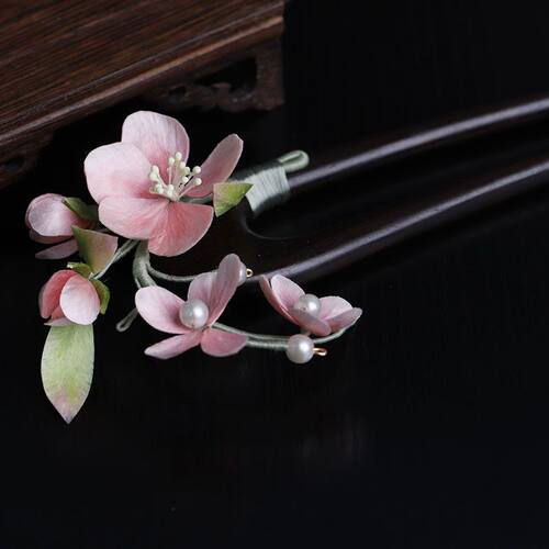 非遗手工蚕丝绒花檀木U型发簪