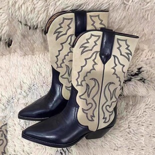 易梦玲同款 骑士靴女 西部牛仔靴女粗跟刺绣显瘦中筒靴百搭尖头夏季