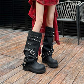 复古铆钉裤 管靴圆头显瘦雅丹风长筒靴2026春夏厚底小众设计骑士靴