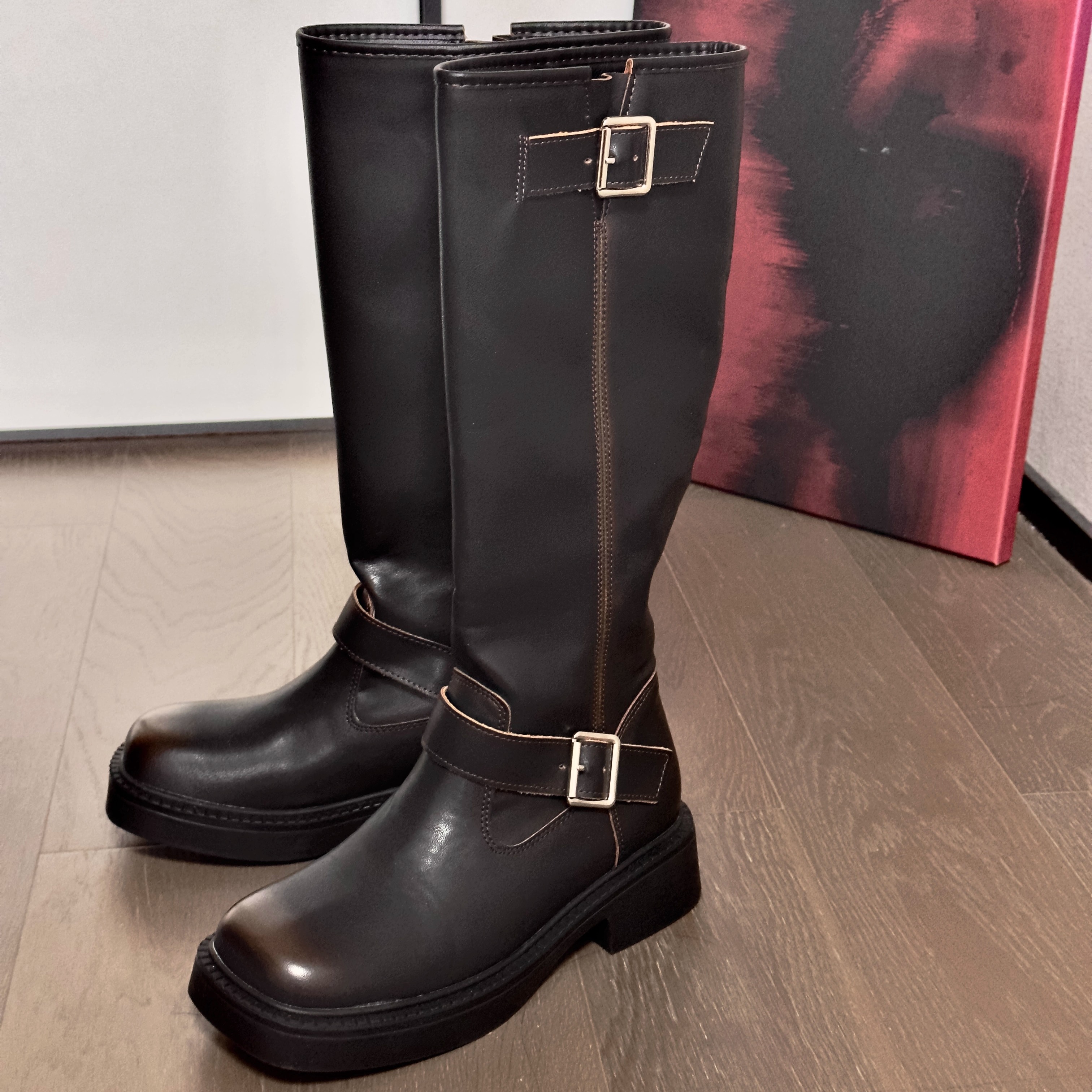 2025春夏复古擦色做旧搭扣骑士长筒靴方圆头百搭机车靴高筒女靴潮