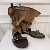 2026春夏新款 内增高短筒皮带扣小众露趾复古百搭做旧擦色堆堆凉靴