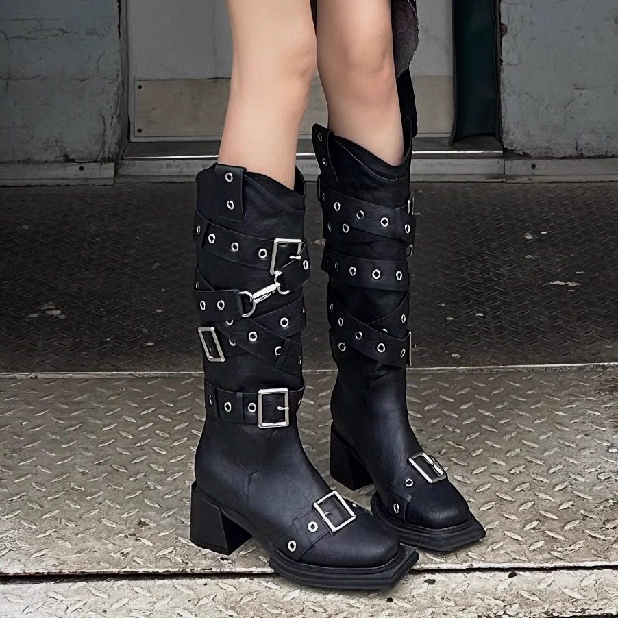 2026复古欧美方头皮带扣朋克风西部牛仔靴女粗跟机车靴显瘦高筒靴