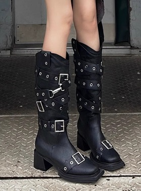 2026复古欧美方头皮带扣朋克风西部牛仔靴女粗跟机车靴显瘦高筒靴