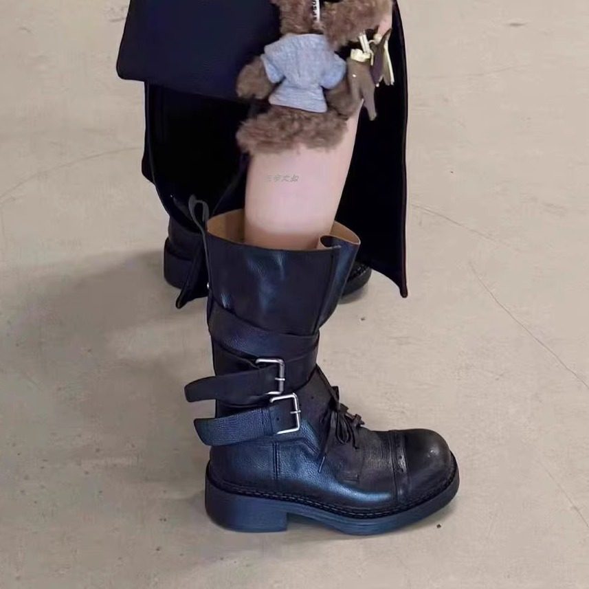 2026春夏新款复古英伦风马丁靴粗跟皮带扣短靴机车靴绑带百搭单靴