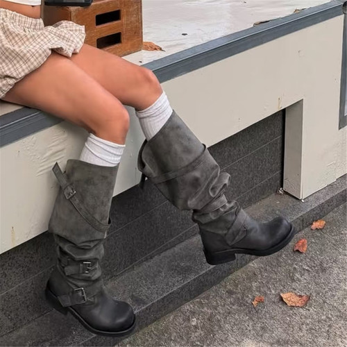 春夏皮带扣圆头粗跟工装马丁靴女