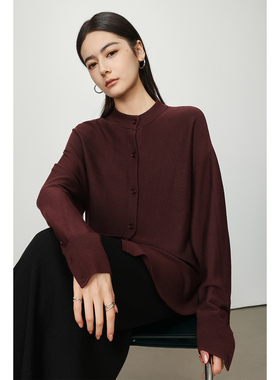 Chicnine | 大版针织羊毛衬衫时尚纯色长袖上衣酒红色新款特色