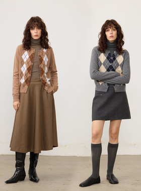 Chicnine |菱形格圆领开衫山羊绒撞色毛衣圆领外套针织衫慵懒风