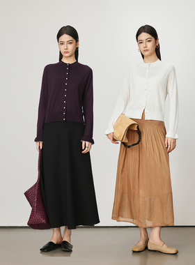 Chicnine | 贵妇少女一排珍珠领开衫外套圆领羊毛简约纯色优雅女