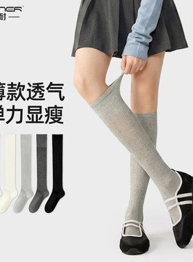 小腿袜子女夏季薄款透气芭蕾风miu系灰色竖纹微压显瘦棉袜长筒袜
