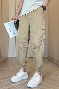 春夏新款休闲束脚口袋工装裤男纯色小脚痞帅九分裤男1003-1A86P55图片