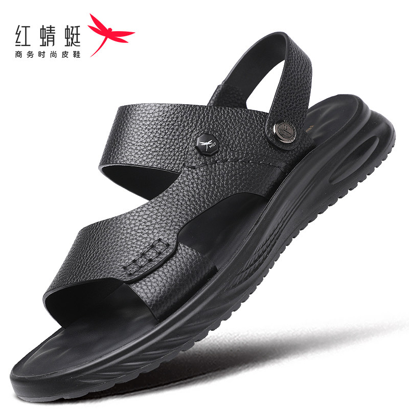 红蜻蜓头层牛皮男沙滩鞋图片