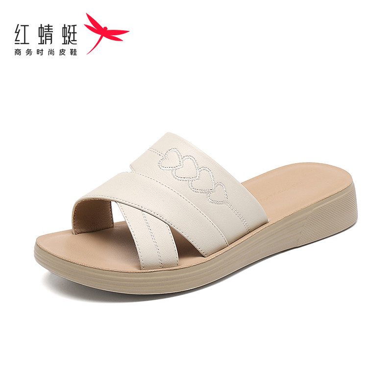 红蜻蜓妈妈拖鞋平跟夏季真皮头层牛皮凉拖防滑中老年一字拖凉鞋轻
