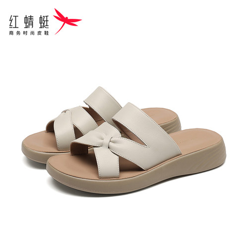 红蜻蜓时尚真皮平底凉拖鞋女鞋