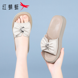 红蜻蜓女鞋妈妈外穿拖鞋夏季新款软皮软底头层牛皮一字拖鞋真皮轻