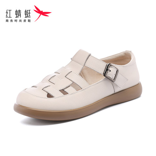红蜻蜓头层牛皮包头猪笼女凉鞋