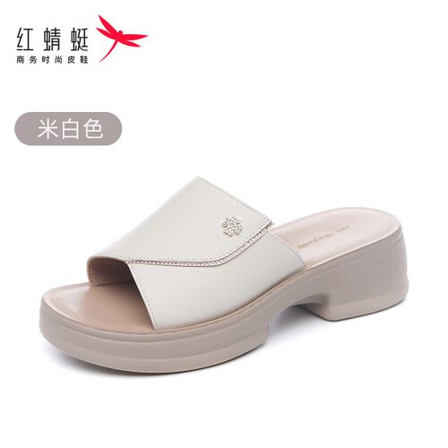 红蜻蜓休闲时尚头层牛皮女拖鞋