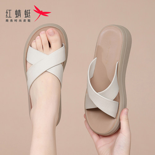 红蜻蜓头层牛皮结厚底真皮女拖鞋