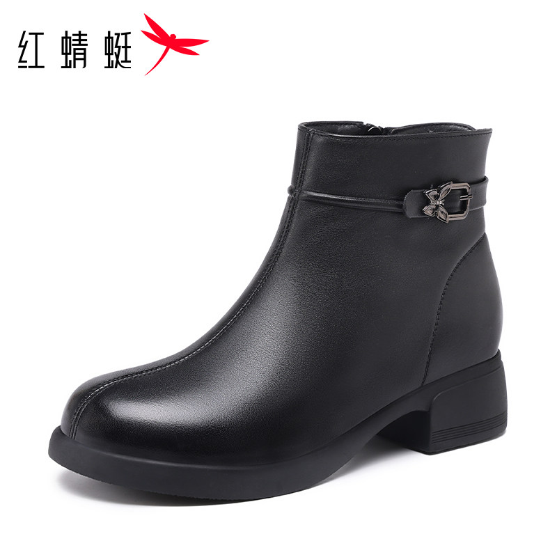 红蜻蜓妈妈靴低跟真皮薄棉靴