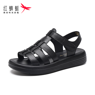 红蜻蜓新款夏季头层牛皮软面软底平跟面镂空复古女罗马女士凉鞋轻