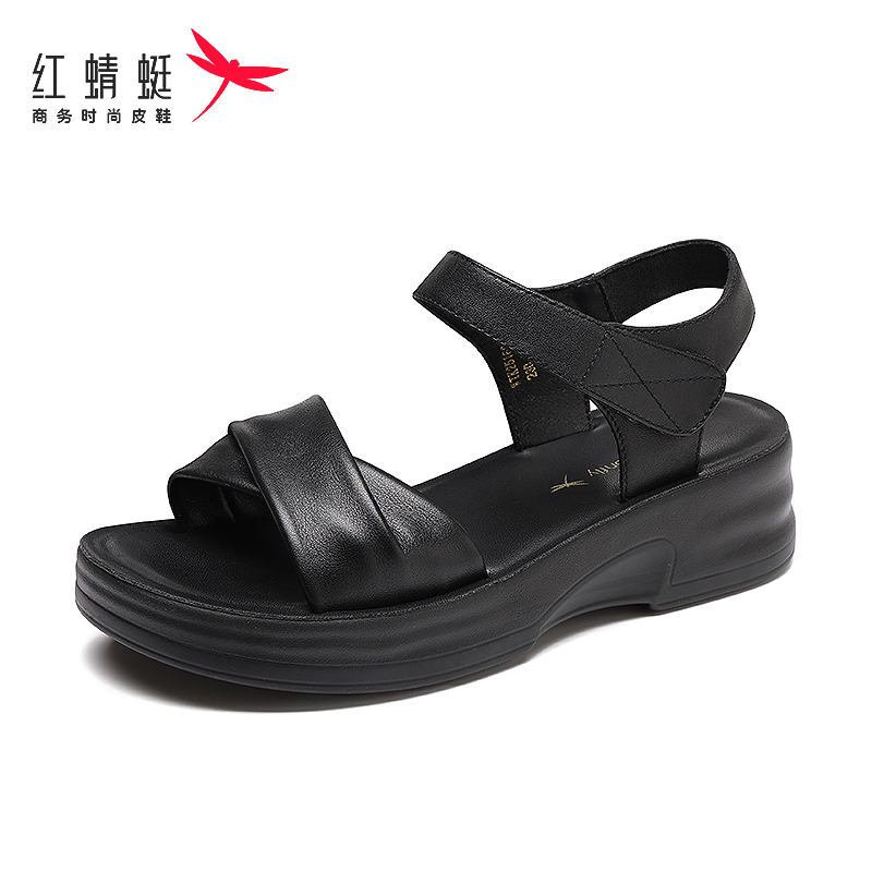 红蜻蜓厚底软头层牛皮女凉鞋妈妈