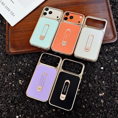适用iphone17p手机壳简约PC全包ip17pm高级感电镀商务ip17p金边一字支架新款男女
