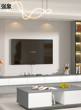 轻奢简约现代落地地台电视柜收纳储物柜一体网红组合墙柜定制D81