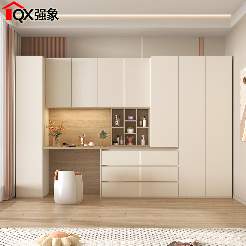 奶油风卧室衣柜梳妆台一体组合柜