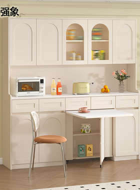 奶油风岩板餐边柜餐桌一体靠墙高柜多功能储物柜折叠桌定制G89-1