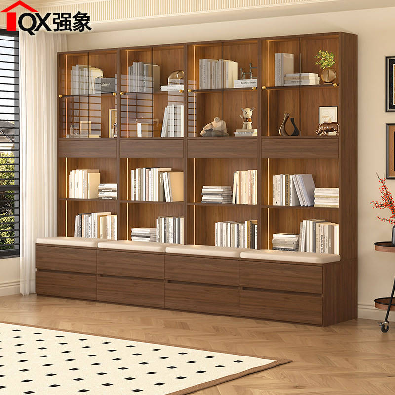 客厅书柜一体靠墙柜子卡座玻璃书柜展示柜落地家用定制储物柜F118