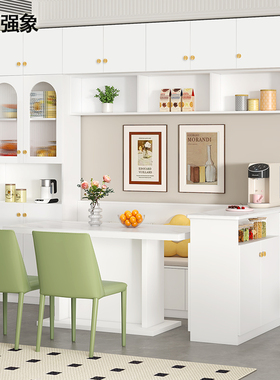 奶油风白色餐厅卡座餐桌家用餐边柜吧台转角收纳一体组合定制G275