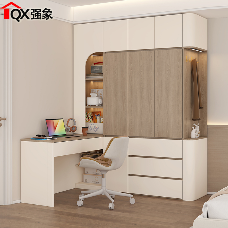 奶油中古风衣柜转角书桌一体家用卧室到顶收纳小户型衣橱定制A64