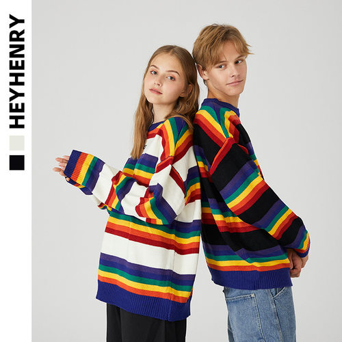 HeyHenry 彩虹条纹新款小清新文艺情侣毛衣男情侣装bf简约针织衫