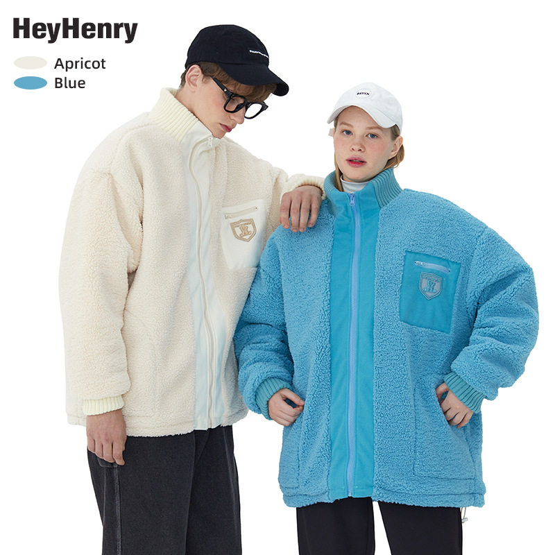 HeyHenry 立领拼接羊羔毛外套加厚潮牌韩版宽松棉衣男情侣装棉袄